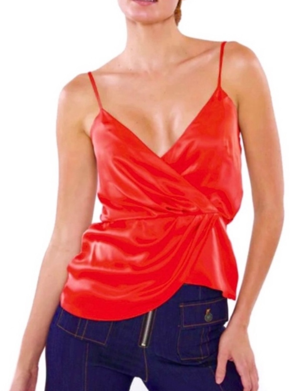 CINQ A SEPT RED DRAPED SILK TOP